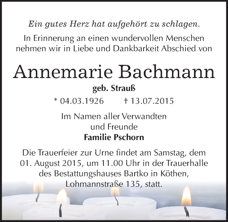  Traueranzeige für Annemarie Bachmann vom 16.07.2015 aus Mitteldeutsche Zeitung Köthen