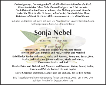 Traueranzeige von Sonja Nebel von WVG - Wochenspiegel Dessau / Köthen