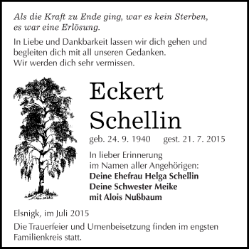 Traueranzeige von Eckert Schellin von WVG - Wochenspiegel Dessau / Köthen