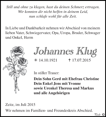 Traueranzeige von Johannes Klug von Super Sonntag Zeitz