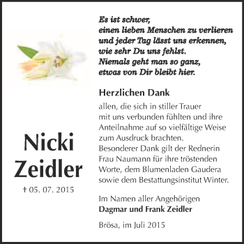 Traueranzeige von Nicki Zeidler von WVG - Wochenspiegel Bitterfeld