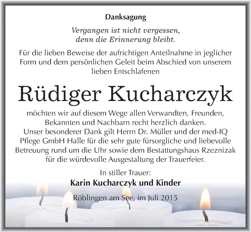  Traueranzeige für Rüdiger Kucharczyk vom 16.07.2015 aus Mitteldeutsche Zeitung Mansfelder Land