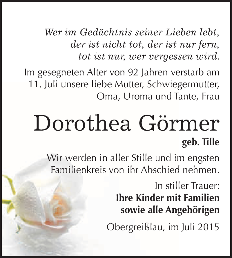  Traueranzeige für Dorothea Görmer vom 22.07.2015 aus WVG - Wochenspiegel NMB / WSF / ZTZ
