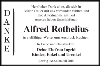 Traueranzeige von Alfred Rothelius von WVG - Wochenspiegel Dessau / Köthen