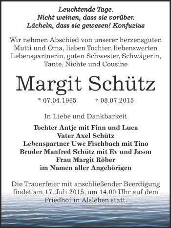 Traueranzeige von Margit Schütz von WVG - Wochenspiegel Bernburg