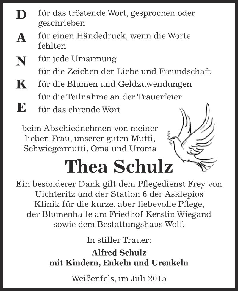  Traueranzeige für Thea Schulz vom 22.07.2015 aus WVG - Wochenspiegel NMB / WSF / ZTZ