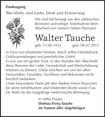 Traueranzeige von Walter Tauche von Super Sonntag Merseburg