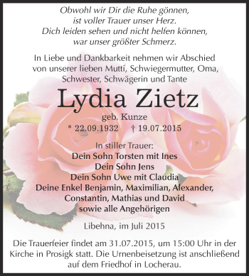 Traueranzeige von Lydia Zietz von WVG - Wochenspiegel Dessau / Köthen