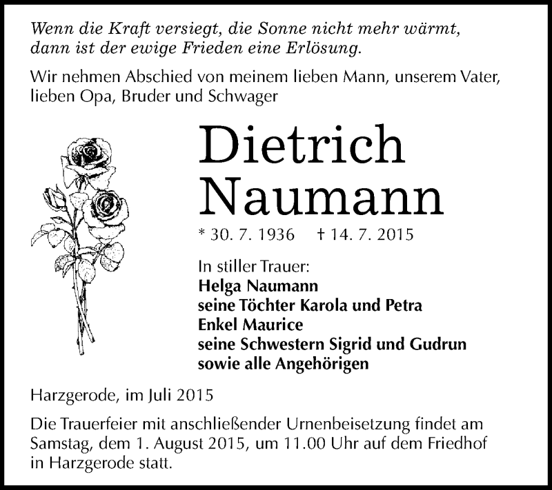  Traueranzeige für Dietrich Naumann vom 25.07.2015 aus WVG - Wochenspiegel Quedlinburg