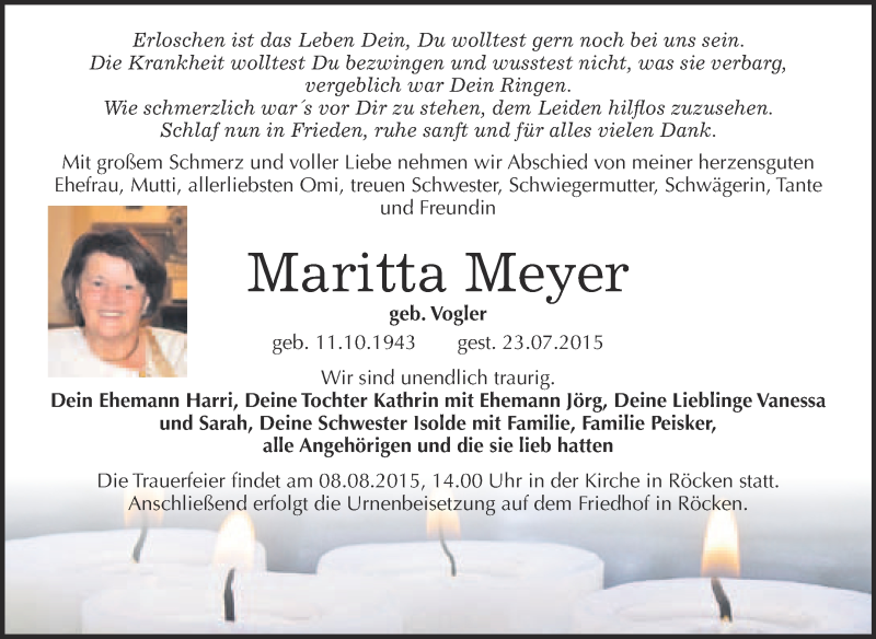  Traueranzeige für Maritta Meyer vom 29.07.2015 aus WVG - Wochenspiegel NMB / WSF / ZTZ
