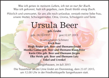 Traueranzeige von Ursula Beer von Mitteldeutsche Zeitung Sangerhausen