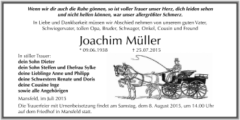 Traueranzeige von Joachim Müller von Mitteldeutsche Zeitung Mansfelder Land