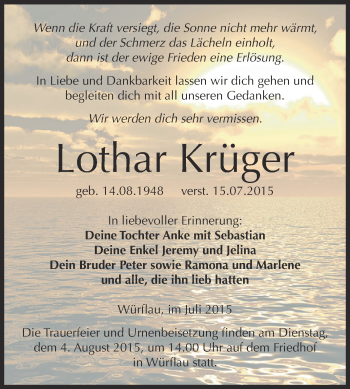 Traueranzeige von Lothar Krüger von WVG - Wochenspiegel Dessau / Köthen