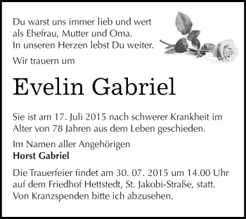 Traueranzeige von Evelin Gabriel von Super Sonntag SGH Mansf. Land