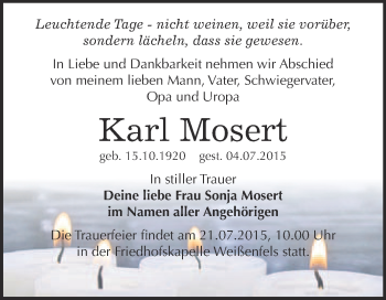 Traueranzeige von Karl Mosert von WVG - Wochenspiegel NMB / WSF / ZTZ