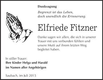 Traueranzeige von Elfriede Fitzner von WVG - Wochenspiegel NMB / WSF / ZTZ