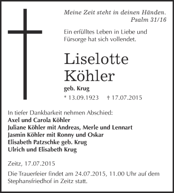 Traueranzeige von Liselotte Köhler von WVG - Wochenspiegel NMB / WSF / ZTZ