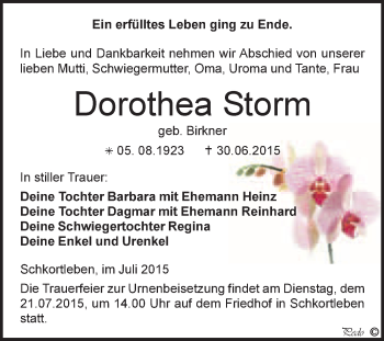 Traueranzeige von Dorothea Storm von WVG - Wochenspiegel NMB / WSF / ZTZ