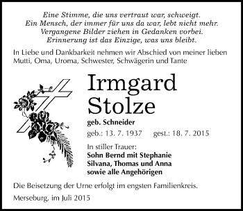 Traueranzeige von Irmgard Stolze von Mitteldeutsche Zeitung Merseburg/Querfurt