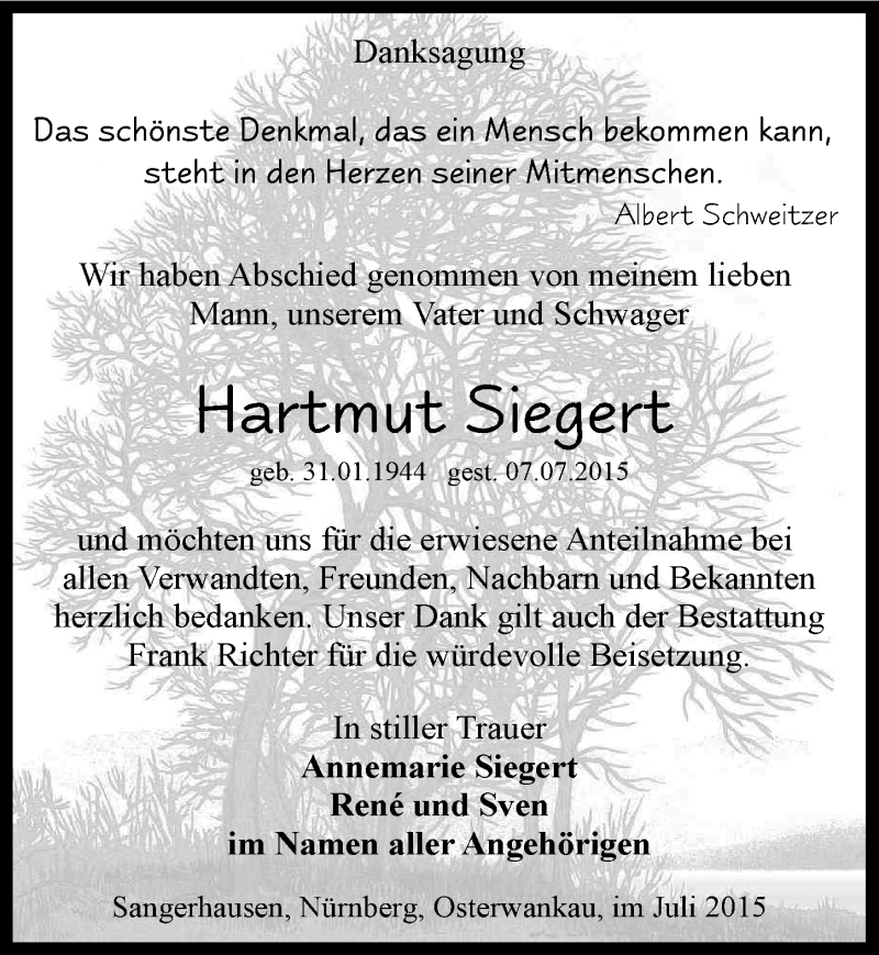  Traueranzeige für Hartmut Siegert vom 21.07.2015 aus Mitteldeutsche Zeitung Sangerhausen