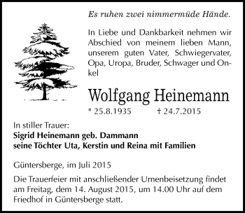 Traueranzeige von Wolfgang Heinemann von Mitteldeutsche Zeitung Quedlinburg