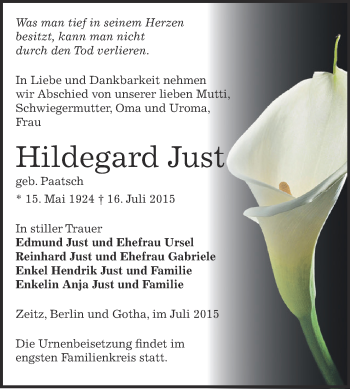 Traueranzeige von Hildegard Just von Super Sonntag Zeitz