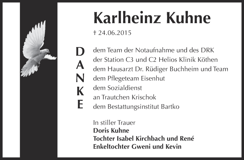  Traueranzeige für Karlheinz Kuhne vom 15.07.2015 aus WVG - Wochenspiegel Dessau / Köthen