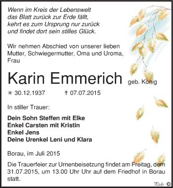 Traueranzeige von Karin Emmerich von Mitteldeutsche Zeitung Weißenfels