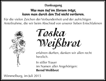 Traueranzeige von Toska Weißbrot von Mitteldeutsche Zeitung Mansfelder Land