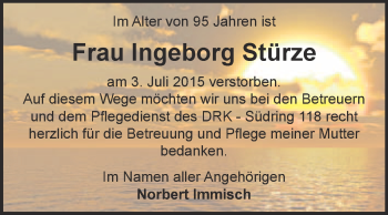 Traueranzeige von Ingeborg Stürze von WVG - Wochenspiegel NMB / WSF / ZTZ
