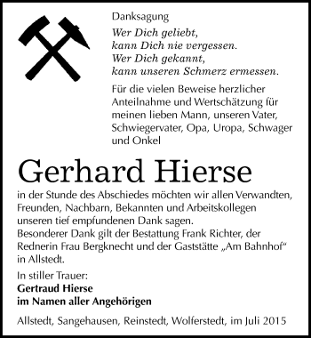 Traueranzeige von Gerhard Hierse von Mitteldeutsche Zeitung Sangerhausen