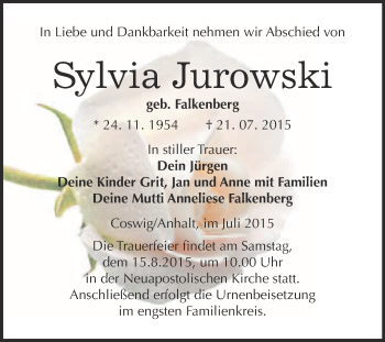 Traueranzeige von Sylvia Jurowski von Super Sonntag Wittenberg