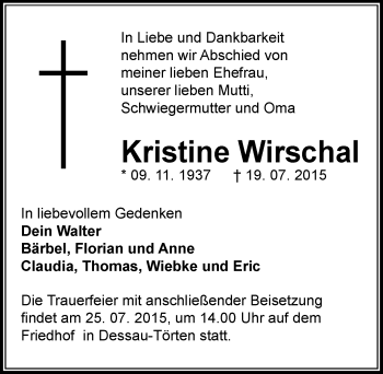Traueranzeige von Kristine Wirschal von Mitteldeutsche Zeitung Dessau-Roßlau