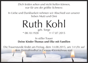 Traueranzeige von Ruth Kohl von WVG - Wochenspiegel Dessau / Köthen