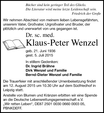 Traueranzeige von Klaus-Peter Wenzel von Mitteldeutsche Zeitung Halle/Saalkreis