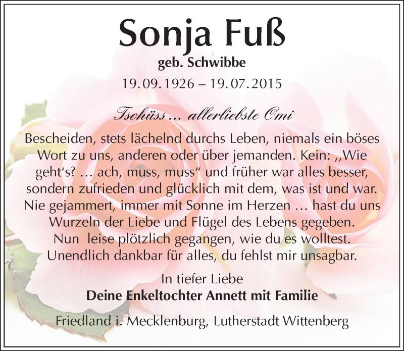  Traueranzeige für Sonja Fuß vom 25.07.2015 aus Mitteldeutsche Zeitung Wittenberg