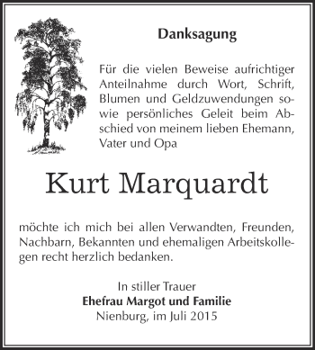 Traueranzeige von Kurt Marquardt von Super Sonntag Bernburg