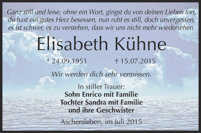  Traueranzeige für Elisabeth Kühne vom 29.07.2015 aus Super Sonntag Aschersleben