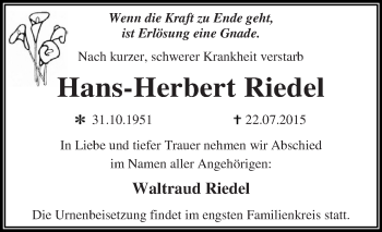 Traueranzeige von Hans-Herbert Riedel von WVG - Wochenspiegel Dessau / Köthen