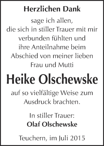 Traueranzeige von Heike Olschewske von WVG - Wochenspiegel NMB / WSF / ZTZ