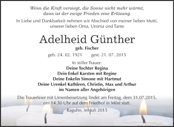 Traueranzeige von Adelheid Günther von WVG - Wochenspiegel Bitterfeld