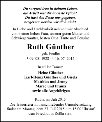 Traueranzeige von Ruth Günther von Mitteldeutsche Zeitung Sangerhausen