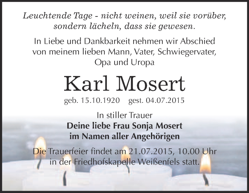  Traueranzeige für Karl Mosert vom 15.07.2015 aus WVG - Wochenspiegel NMB / WSF / ZTZ