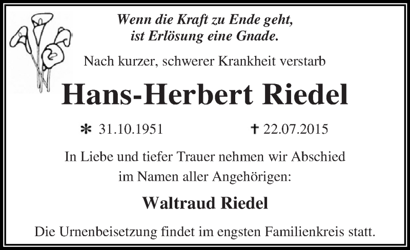  Traueranzeige für Hans-Herbert Riedel vom 25.07.2015 aus WVG - Wochenspiegel Dessau / Köthen