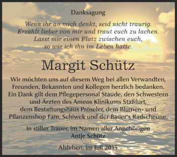 Traueranzeige von Margit Schütz von Super Sonntag Bernburg