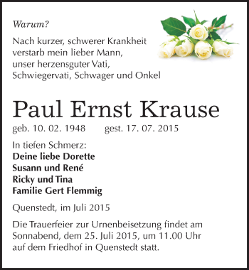 Traueranzeige von Paul Ernst Krause von Mitteldeutsche Zeitung Mansfelder Land