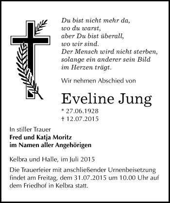 Traueranzeige von Eveline Jung von Mitteldeutsche Zeitung Sangerhausen