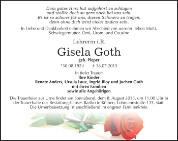Traueranzeige von Gisela Goth von Mitteldeutsche Zeitung Köthen