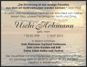 Traueranzeige von Uschi Hohmann von WVG - Wochenspiegel Dessau / Köthen
