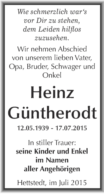 Traueranzeige von Heinz Güntherodt von Wochenspiegel Mansfelder Land